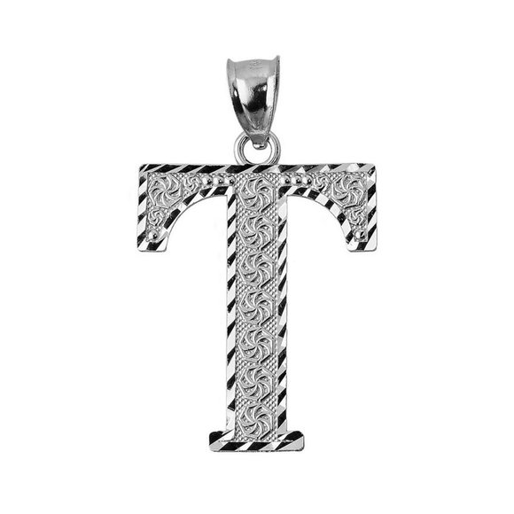 925 Sterling Silver Diamond Cut Large Initial Letter T Roman Pendant Necklace